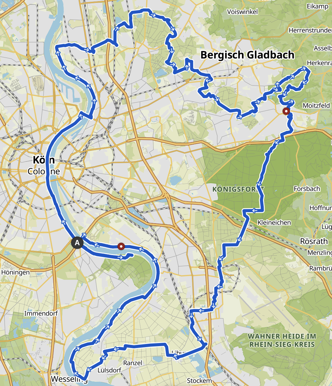 Karte 100km auf dem Kölnpfad